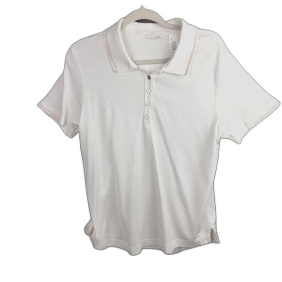 Liz Golf Polo Shirt Womens L Cream Pink Trim Silver Logo Buttons Embroidered - Picture 1 of 13